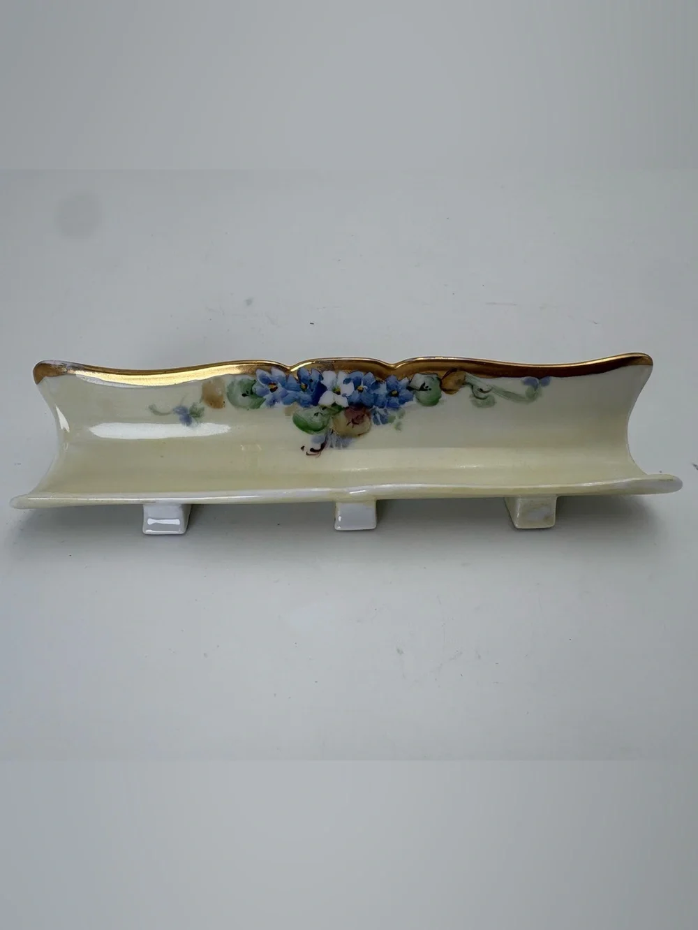 Vintage 1940s French Limoges Porcelain Tray with Delicate Blue Flowers and Gold